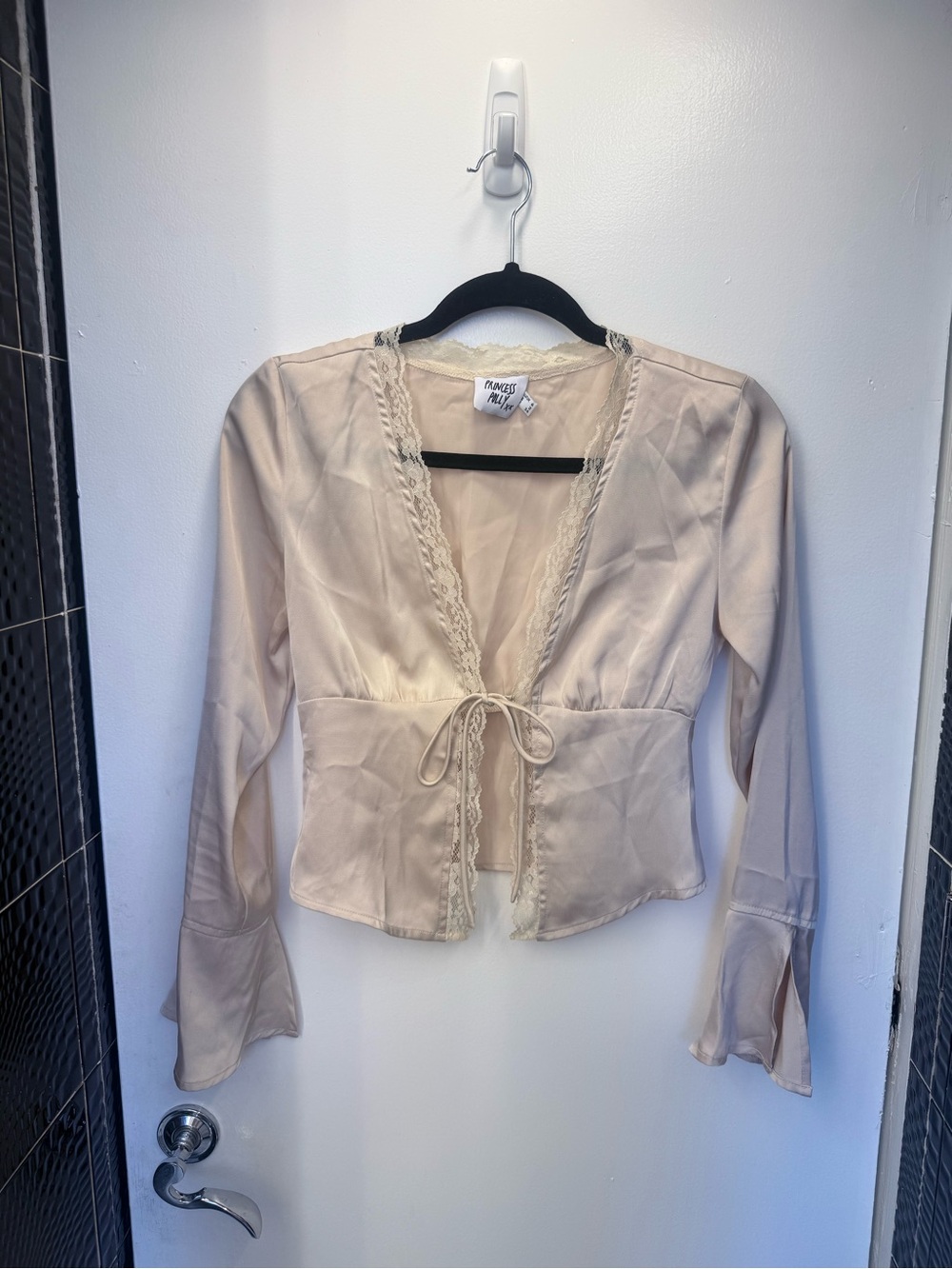 Princess Polly Cream Lace-Trim Tie Front Blouse